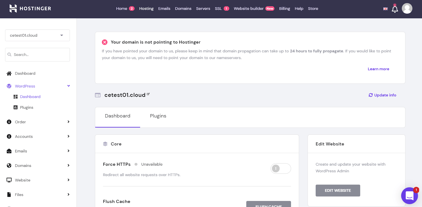 Hostinger's custom hPanel control panel in action